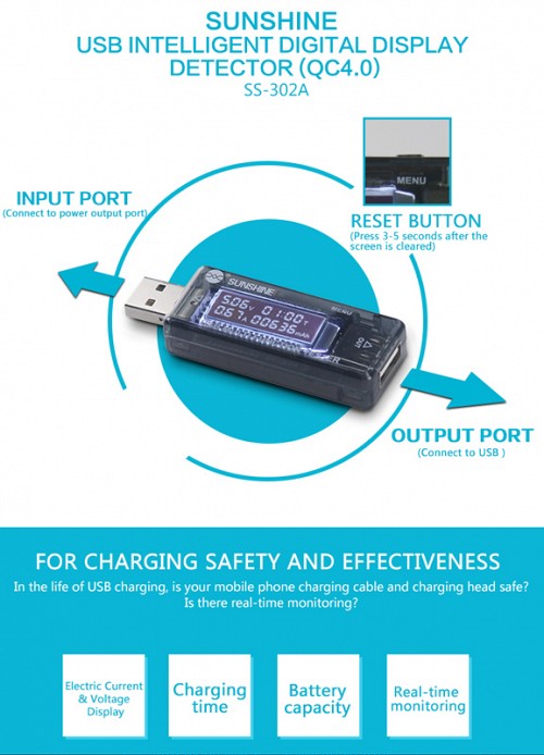 SUNSHINE USB tester φόρτισης SS-302A, V/A/Time/mAh SS-302A